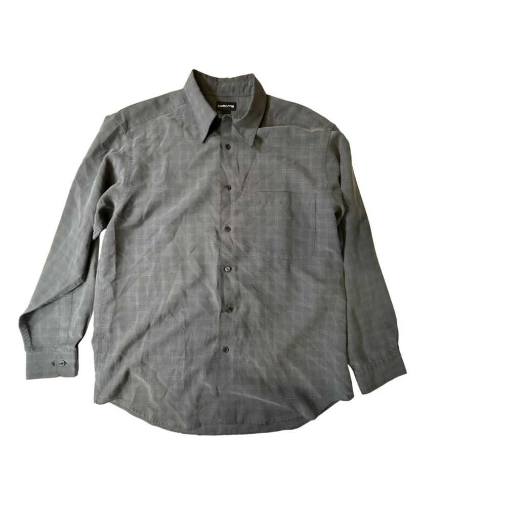 Claiborne Mens‎ Grey Plaid Long Sleeve Button Down Shirt Size Large